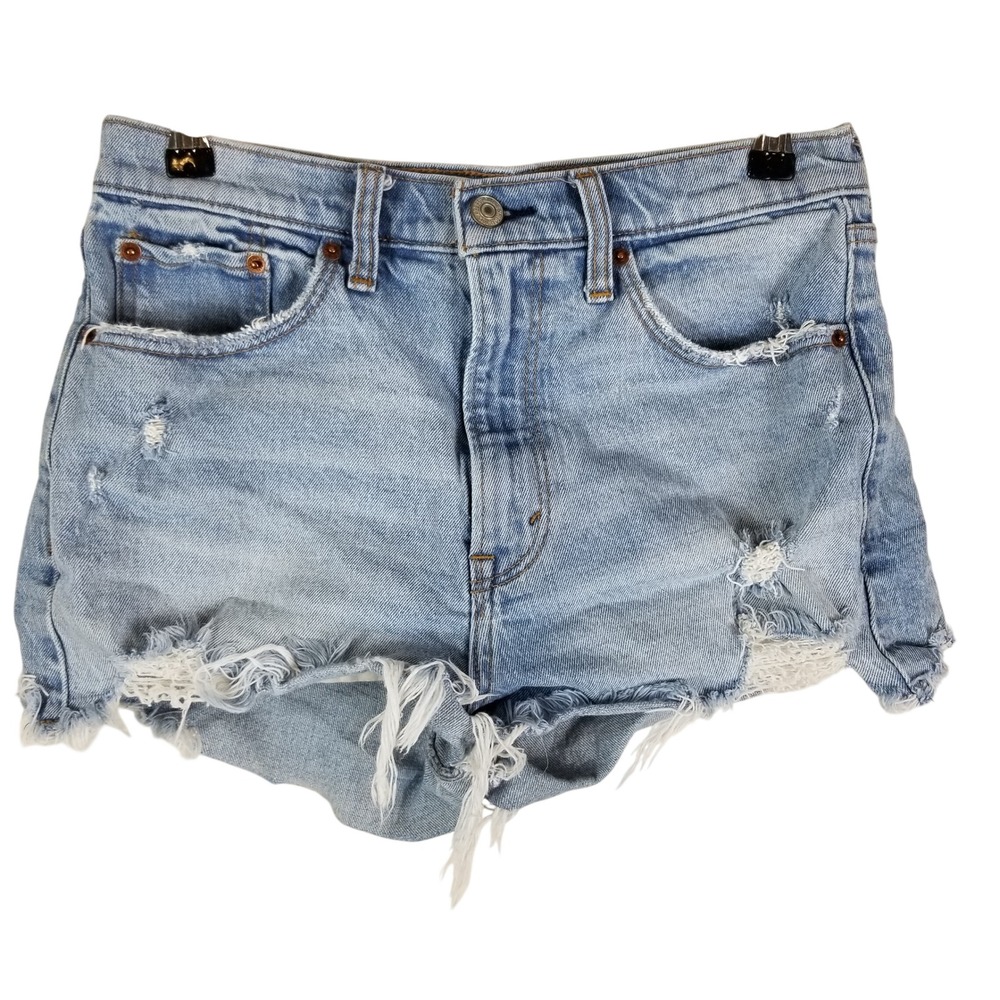 Abercrombie & Fitch High Rise Mom Short Light Wash Distressed Denim 28 6 Cut Off